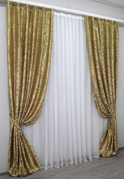 Elegant Gold Jacquard Curtains with Pattern – Set of 2 – 65% Light Blocking