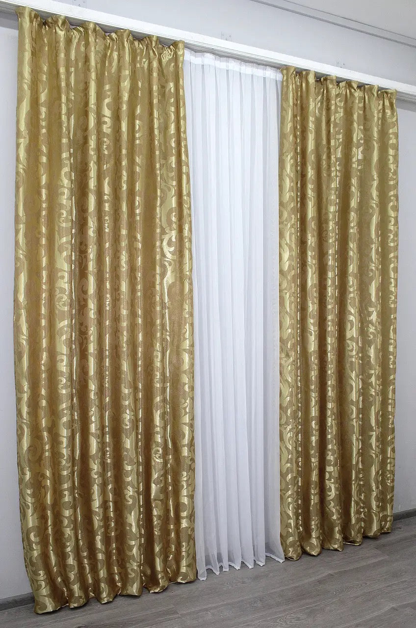 Elegant Gold Jacquard Curtains with Pattern – Set of 2 – 65% Light Blocking