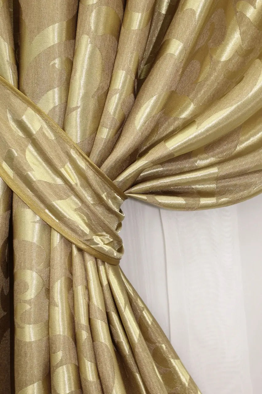 Elegant Gold Jacquard Curtains with Pattern – Set of 2 – 65% Light Blocking