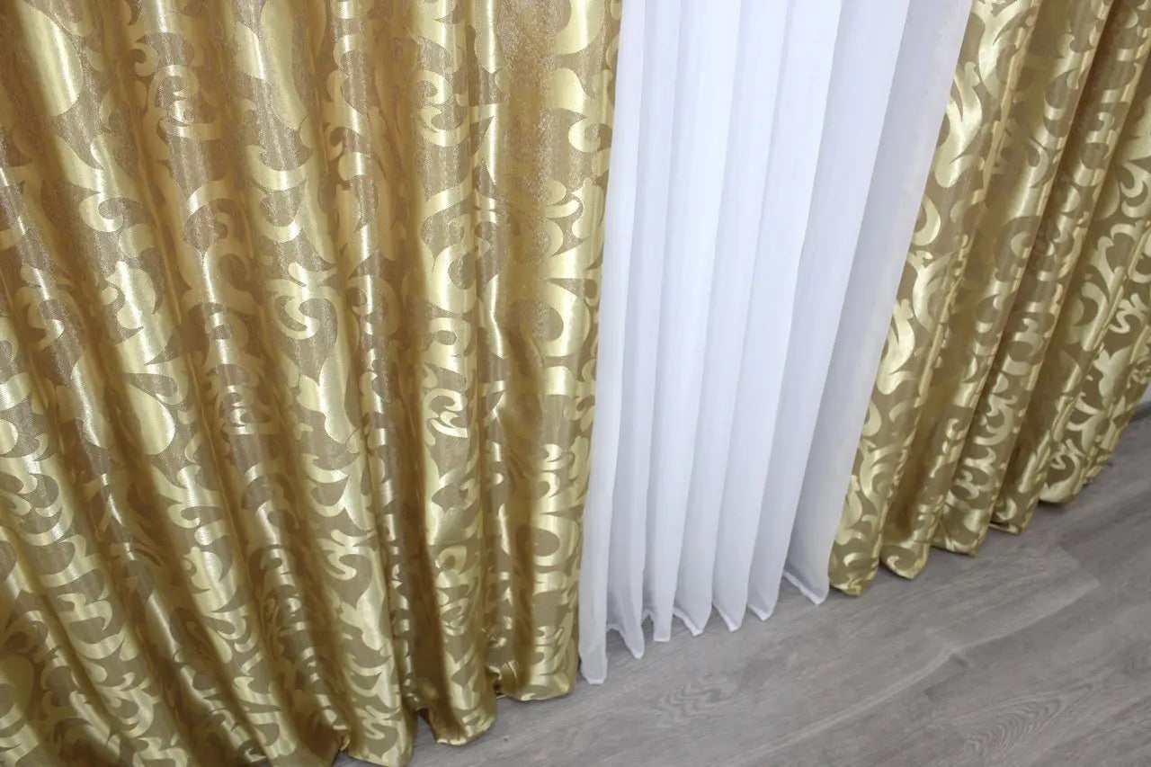 Elegant Gold Jacquard Curtains with Pattern – Set of 2 – 65% Light Blocking