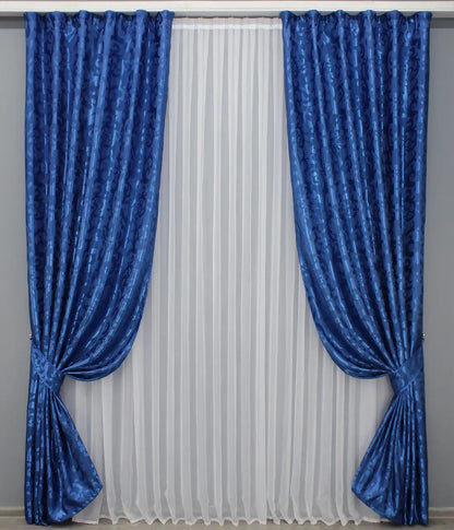 Elegant Blue Jacquard Curtains with Pattern – Set of 2 – 65% Light Blocking