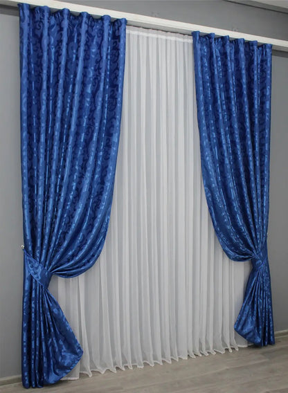 Elegant Blue Jacquard Curtains with Pattern – Set of 2 – 65% Light Blocking