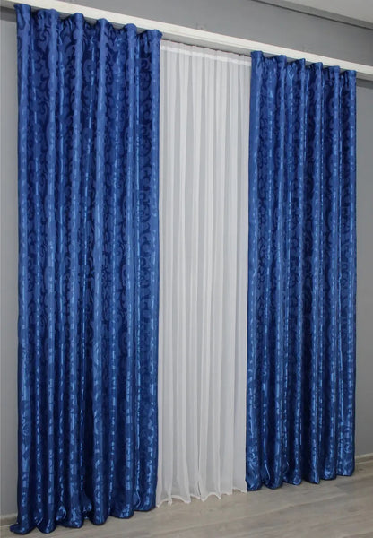 Elegant Blue Jacquard Curtains with Pattern – Set of 2 – 65% Light Blocking