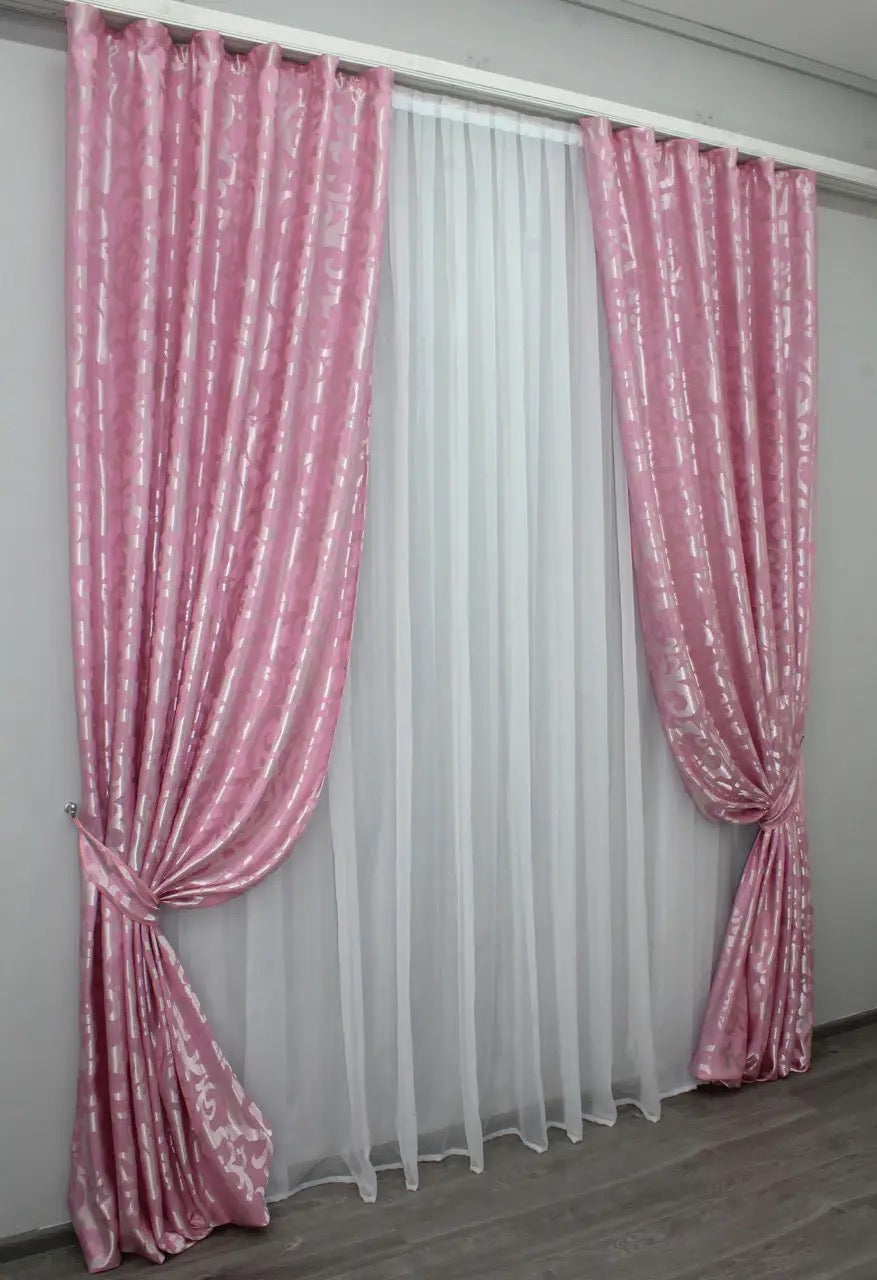 Elegant Pink Jacquard Curtains with Pattern – Set of 2 – 65% Light Blocking