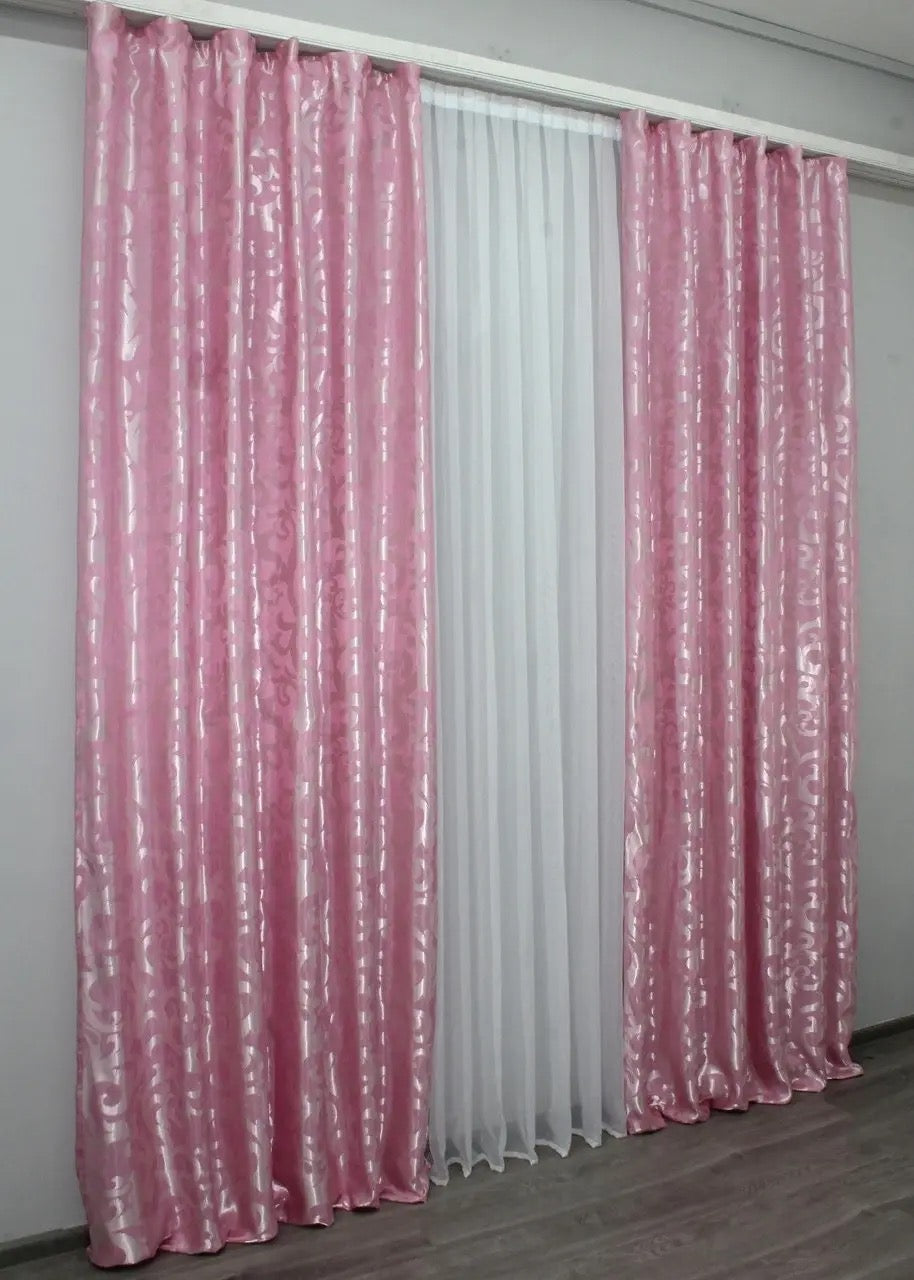 Elegant Pink Jacquard Curtains with Pattern – Set of 2 – 65% Light Blocking