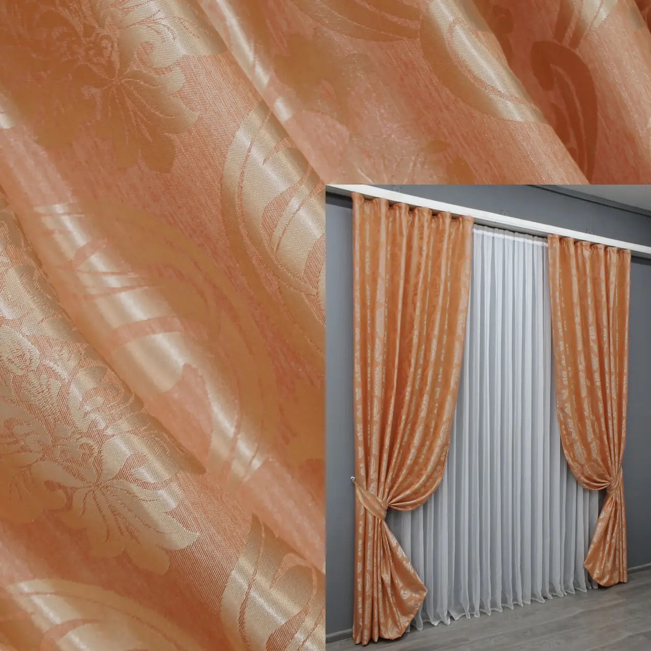 Elegant Orange Jacquard Curtains – Lyon Collection – Set of 2 – 65% Light Blocking