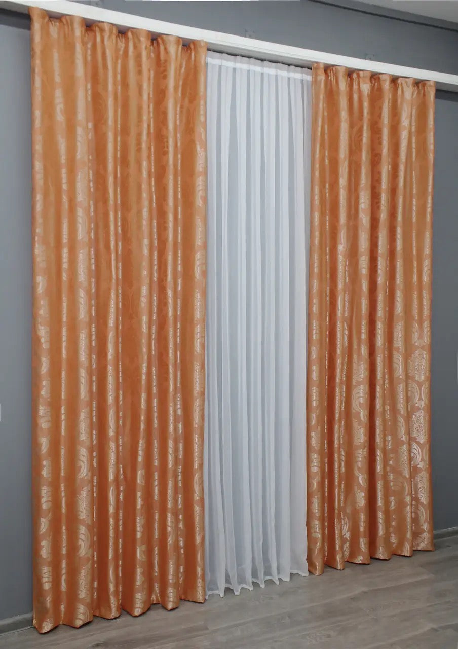 Elegant Orange Jacquard Curtains – Lyon Collection – Set of 2 – 65% Light Blocking