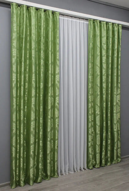 Elegant Olive Jacquard Curtains – Lyon Collection – Set of 2 – 65% Light Blocking