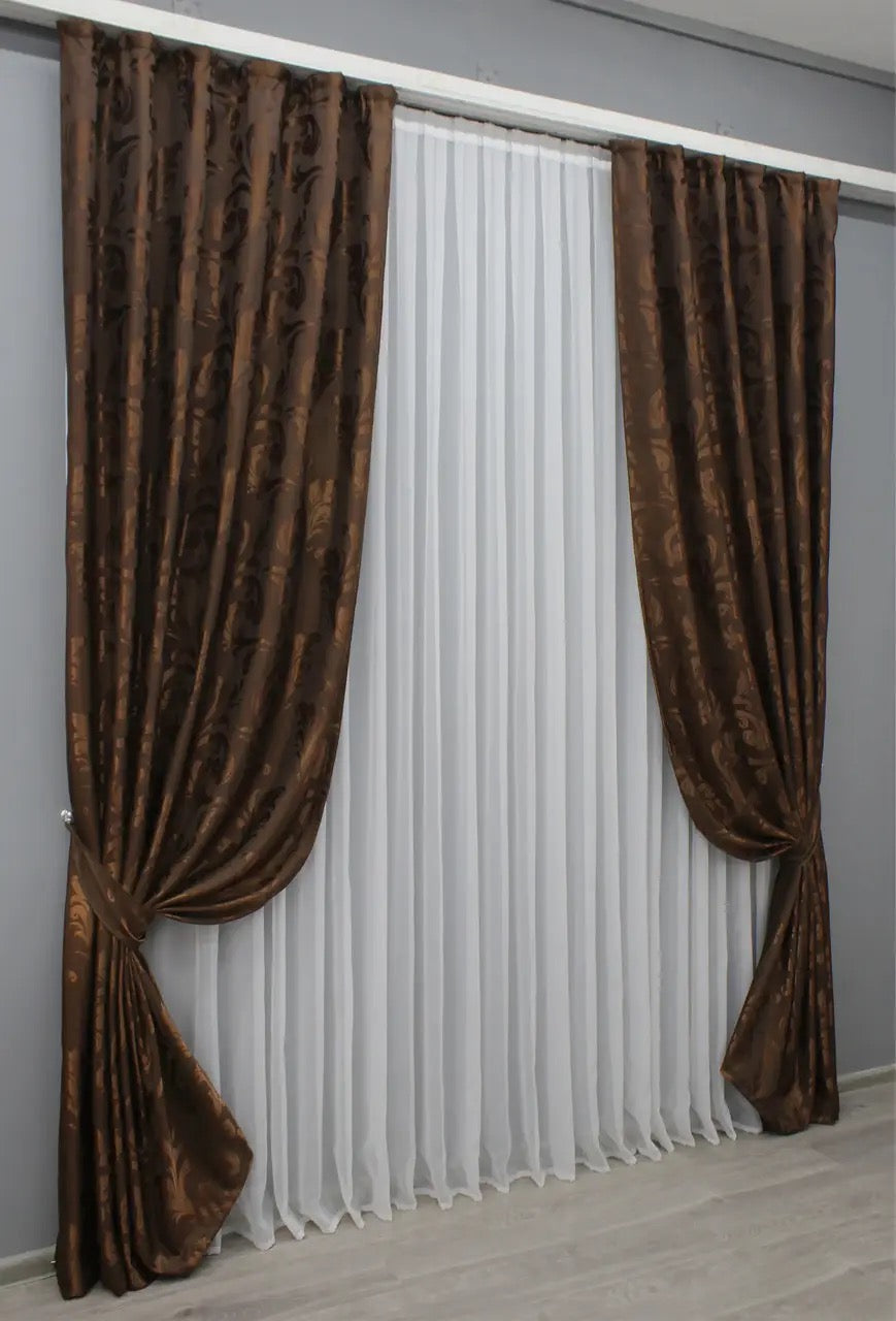 Elegant Brown Jacquard Curtains – Lilia Collection – Set of 2 – 65% Light Blocking