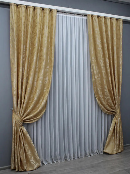 Elegant Gold Jacquard Curtains – Lilia Collection – Set of 2 – 65% Light Blocking