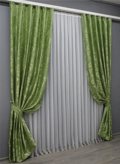 Elegant Light Green Jacquard Curtains – Lilia Collection – Set of 2 – 65% Light Blocking