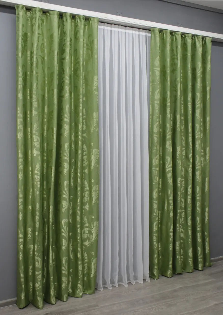 Elegant Light Green Jacquard Curtains – Lilia Collection – Set of 2 – 65% Light Blocking