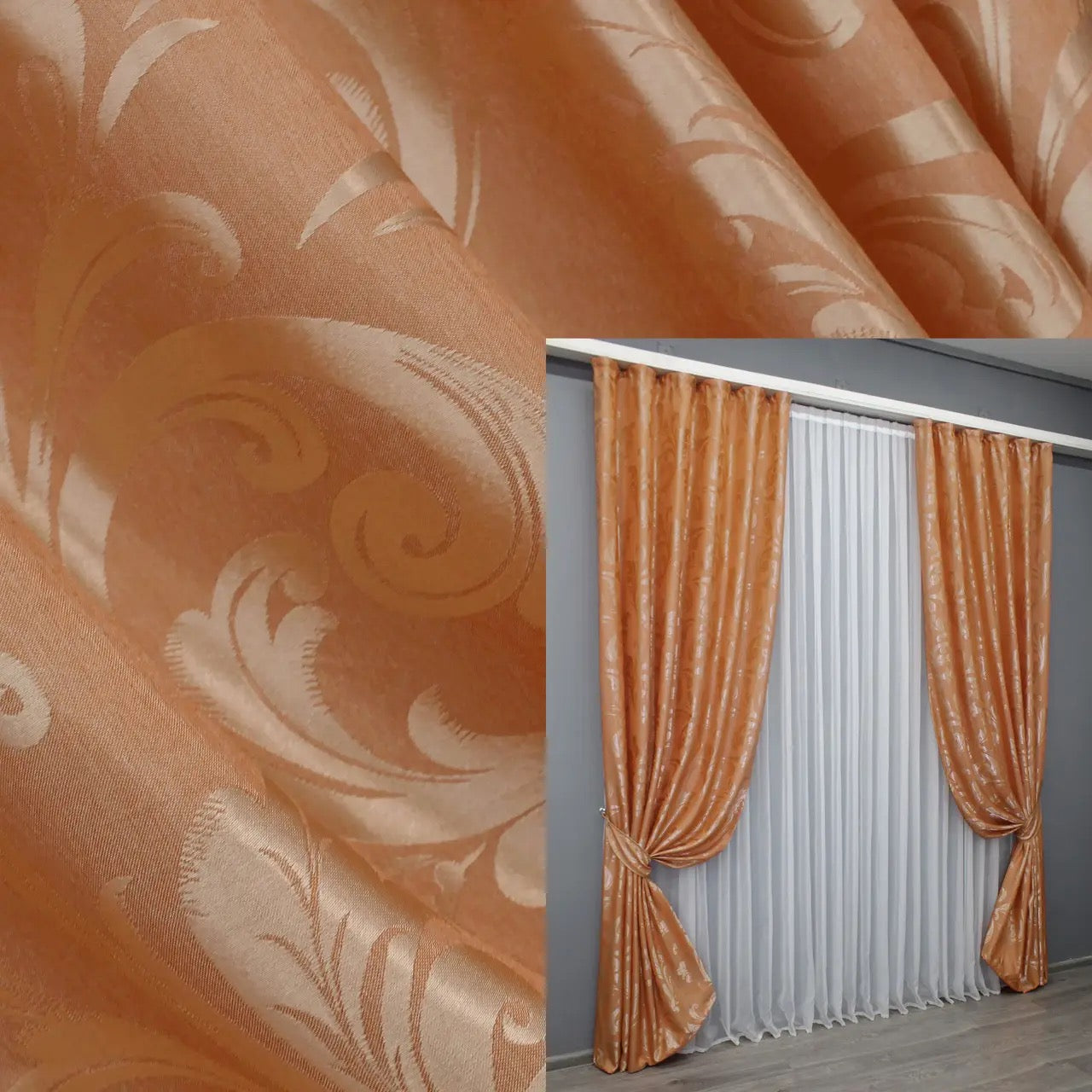 Elegant Orange Jacquard Curtains – Lilia Collection – Set of 2 – 65% Light Blocking