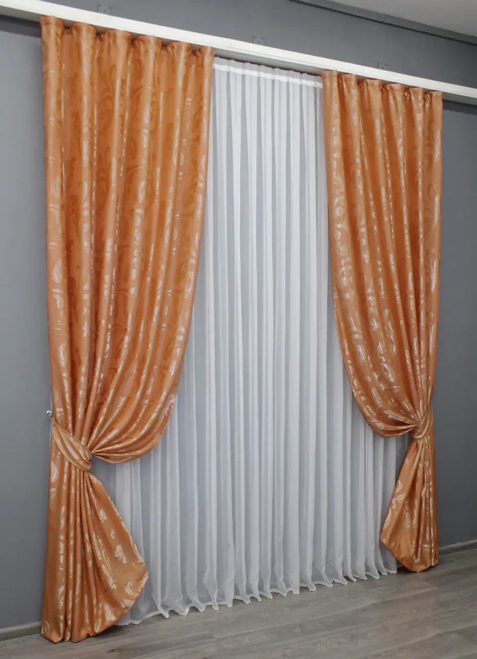 Elegant Orange Jacquard Curtains – Lilia Collection – Set of 2 – 65% Light Blocking