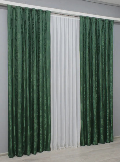 Elegant Dark Green Jacquard Curtains – Lilia Collection – Set of 2 – 65% Light Blocking