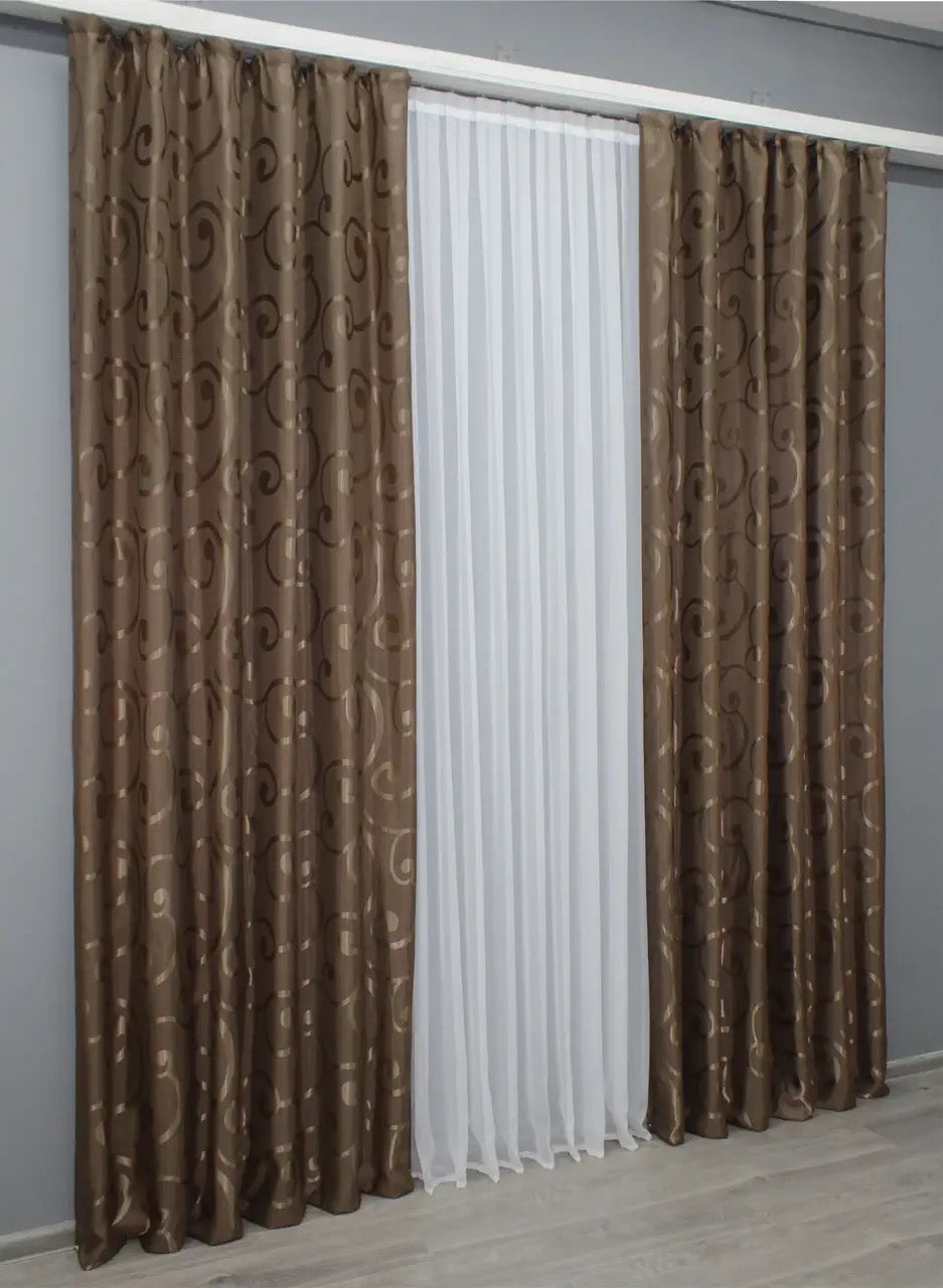 Elegant Brown Jacquard Curtains – Set of 2 – 65% Light Blocking