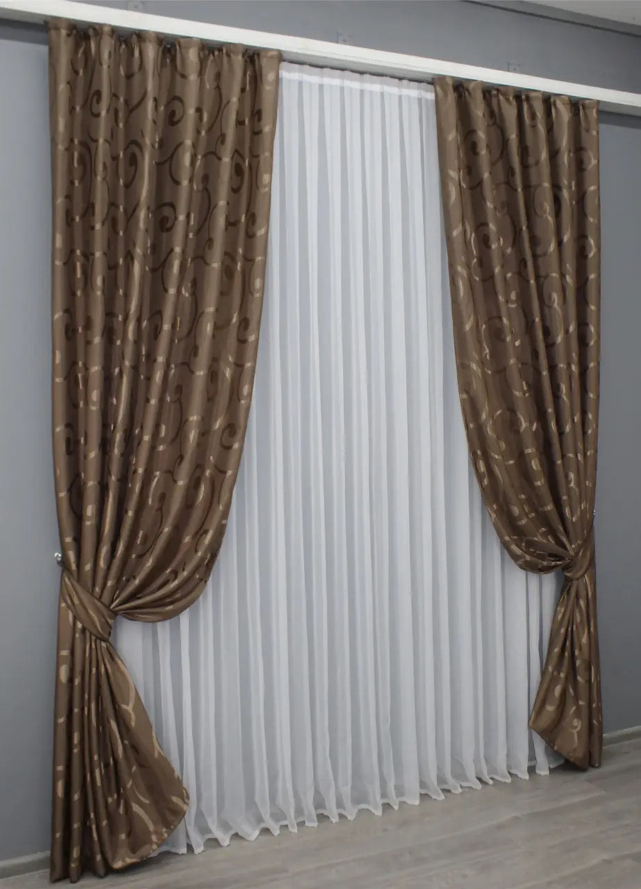 Elegant Brown Jacquard Curtains – Set of 2 – 65% Light Blocking