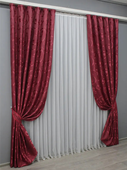 Elegant Burgundy Jacquard Curtains – Set of 2 – 65% Light Blockin