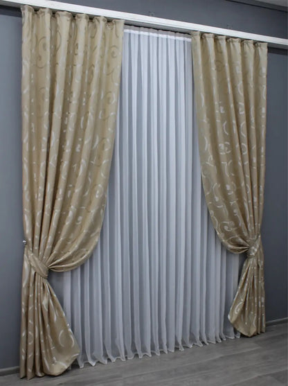 Elegant Beige Jacquard Curtains – Set of 2 – 65% Light Blocking