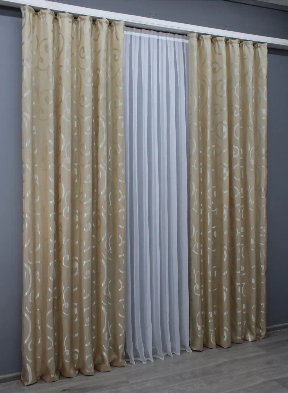 Elegant Beige Jacquard Curtains – Set of 2 – 65% Light Blocking