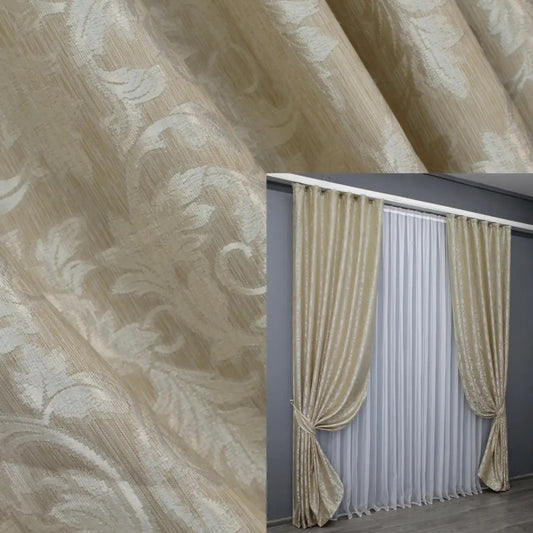 Elegant Beige Jacquard Curtains – Set of 2 – 75% Light Blocking