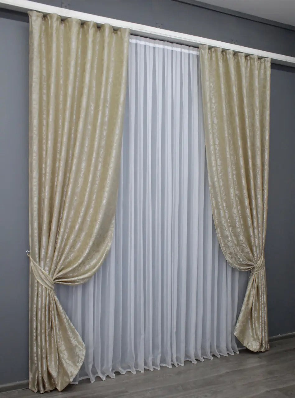 Elegant Beige Jacquard Curtains – Set of 2 – 75% Light Blocking