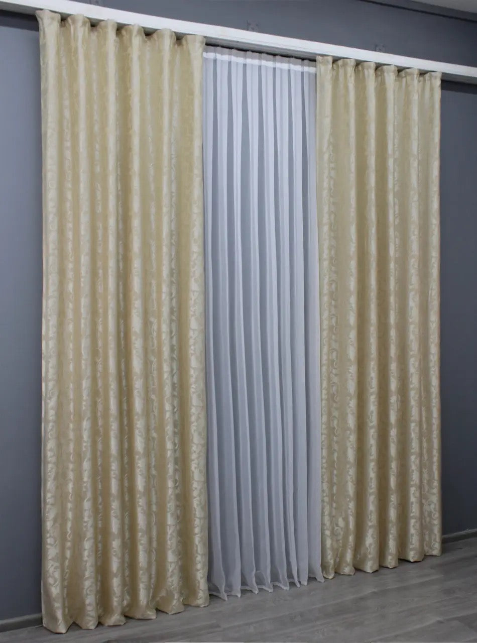 Elegant Beige Jacquard Curtains – Set of 2 – 75% Light Blocking