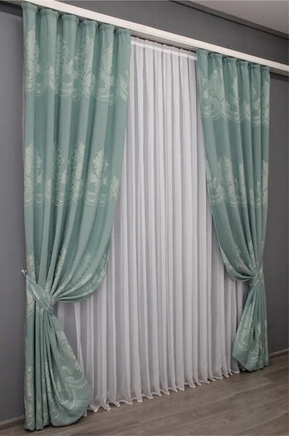 Elegant Turquoise Jacquard Curtains – Set of 2 – 75% Light Blocking