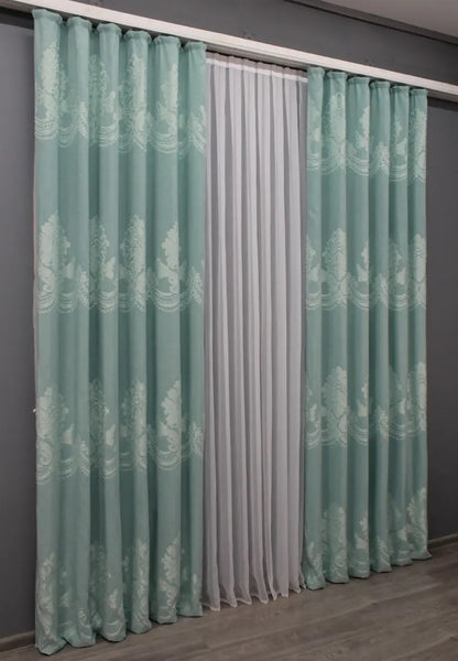 Elegant Turquoise Jacquard Curtains – Set of 2 – 75% Light Blocking