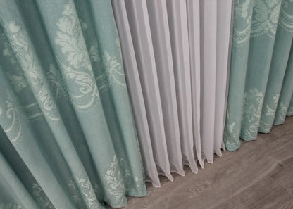 Elegant Turquoise Jacquard Curtains – Set of 2 – 75% Light Blocking