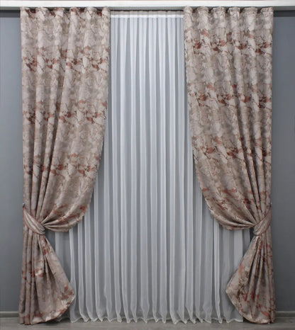 Elegant Beige & Terracotta Jacquard Curtains – Marble  Collection – Set of 2 – 70% Light Blocking