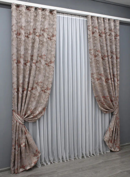 Elegant Beige & Terracotta Jacquard Curtains – Marble  Collection – Set of 2 – 70% Light Blocking