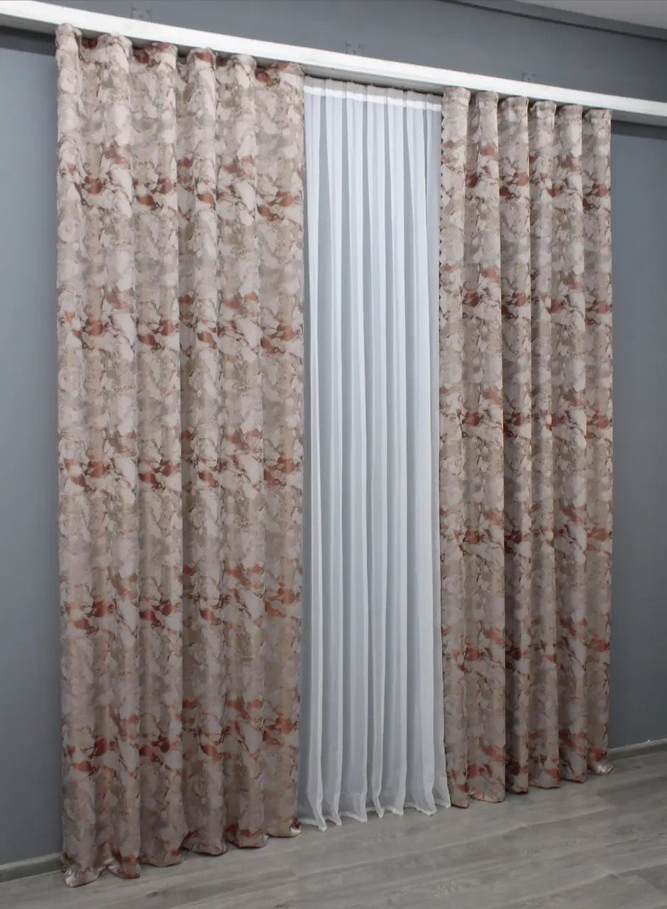 Elegant Beige & Terracotta Jacquard Curtains – Marble  Collection – Set of 2 – 70% Light Blocking