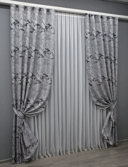 Elegant Light Gray & Black Jacquard Curtains – Marble Collection – Set of 2 – 70% Light Blocking