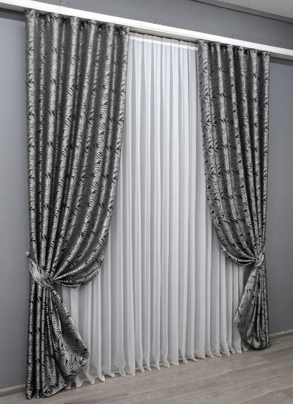 Elegant Black with Grey Jacquard Curtains – Magic Collection – Set of 2 – 65% Light Blocking