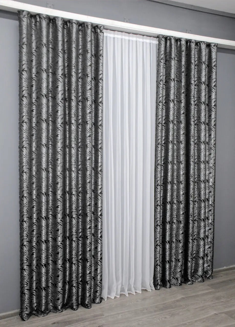 Elegant Black with Grey Jacquard Curtains – Magic Collection – Set of 2 – 65% Light Blocking