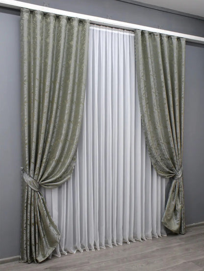 Elegant Sand with Grey Jacquard Curtains – Magic Collection – Set of 2 – 65% Light Blocking