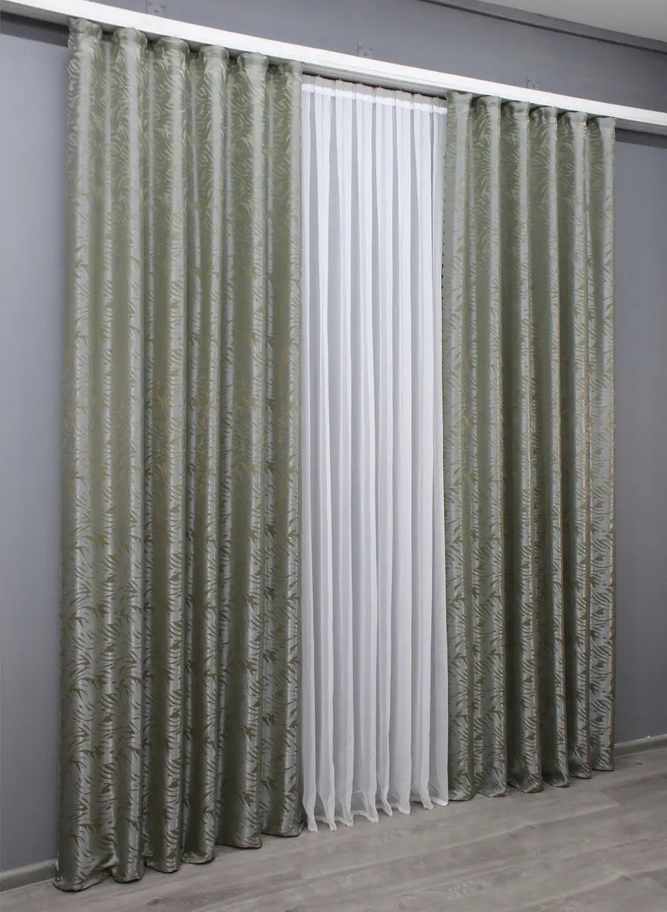 Elegant Sand with Grey Jacquard Curtains – Magic Collection – Set of 2 – 65% Light Blocking