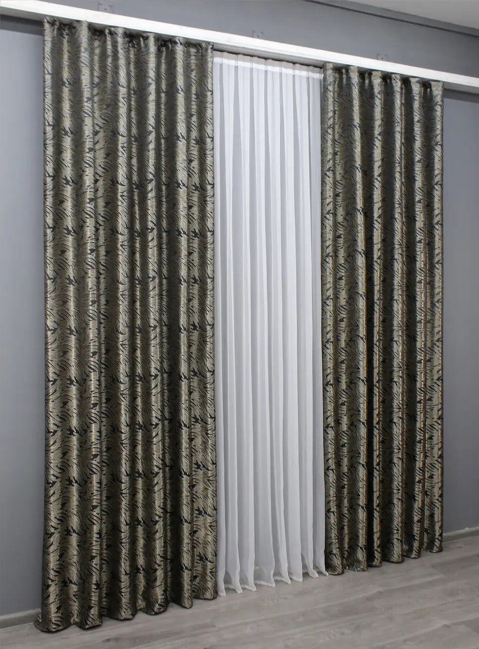 Elegant Graphite with Beige Jacquard Curtains – Magic Collection – Set of 2 – 65% Light Blocking