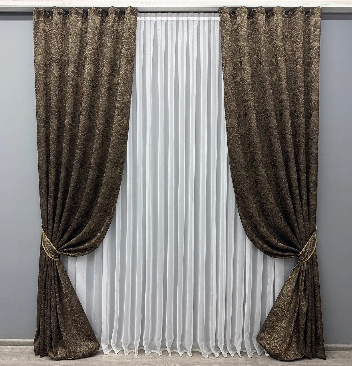 Elegant Chocolate with Beige Jacquard Curtains – Fantasy Collection – Set of 2 – 65% Light Blocking