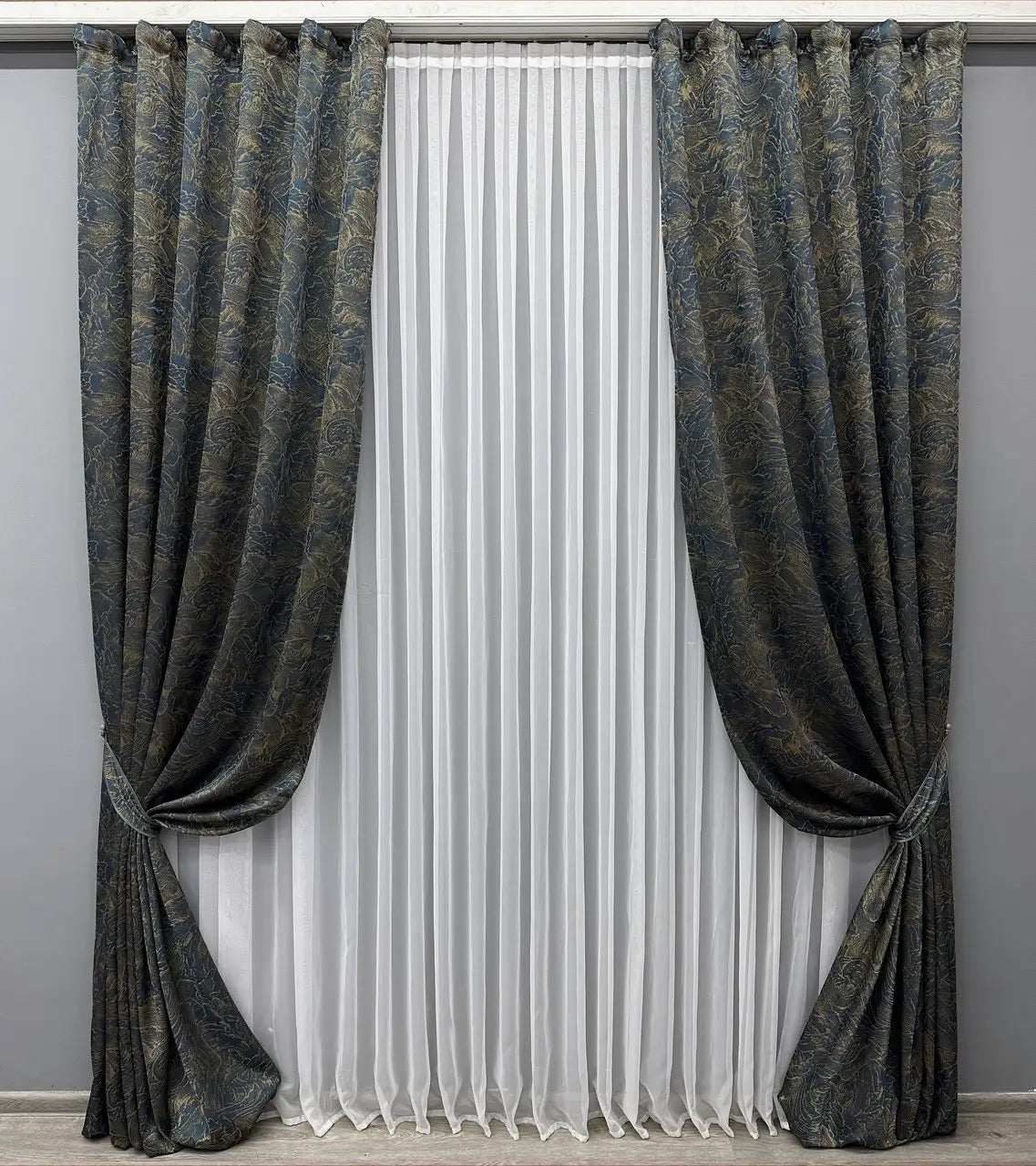 Elegant Blue with Gold Jacquard Curtains – Fantasy Collection – Set of 2 – 65% Light Blocking