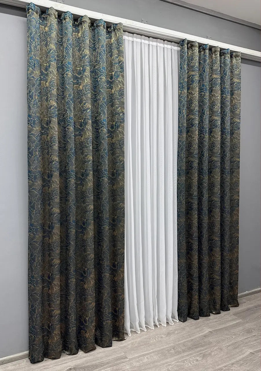 Elegant Blue with Gold Jacquard Curtains – Fantasy Collection – Set of 2 – 65% Light Blocking