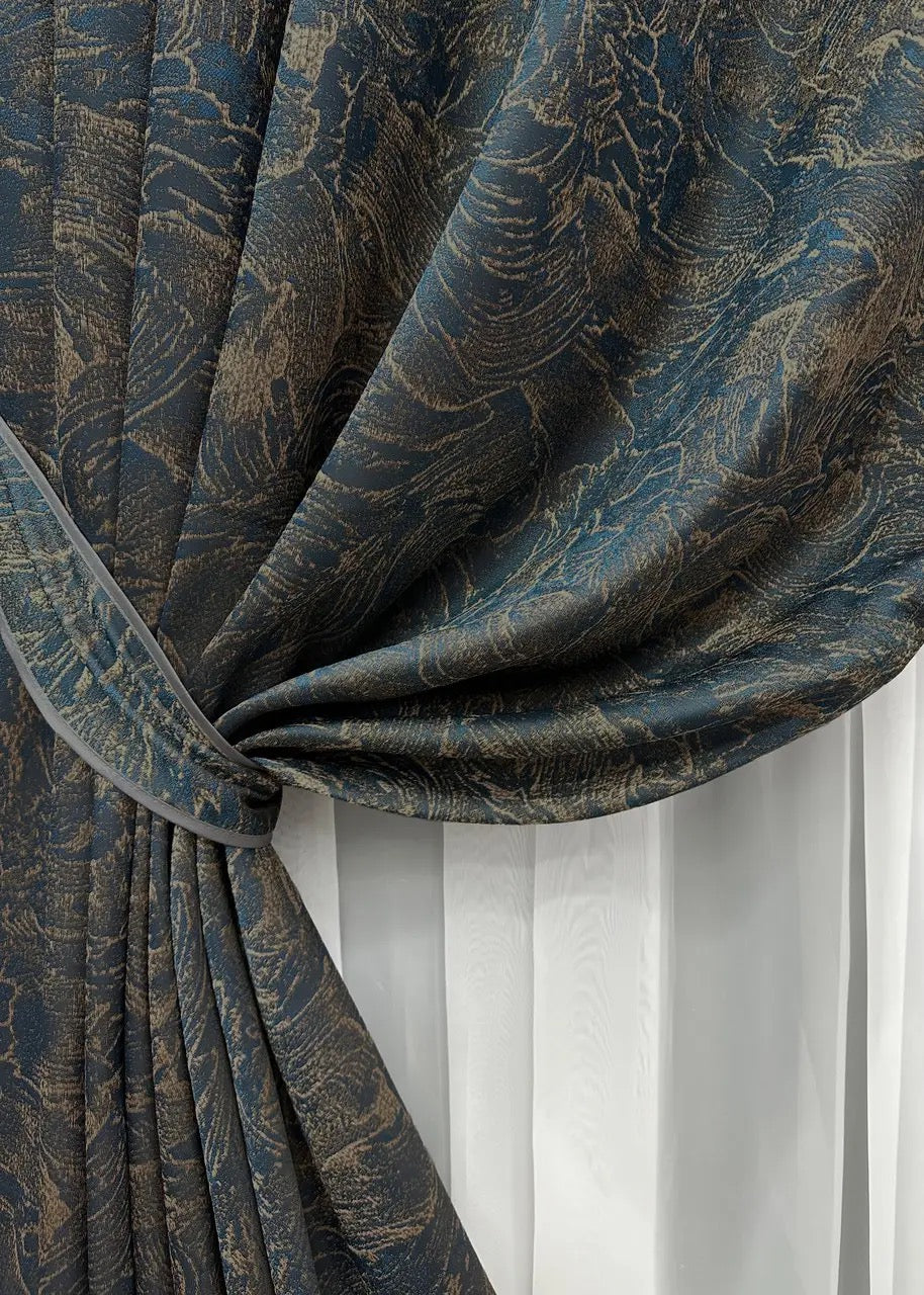 Elegant Blue with Gold Jacquard Curtains – Fantasy Collection – Set of 2 – 65% Light Blocking