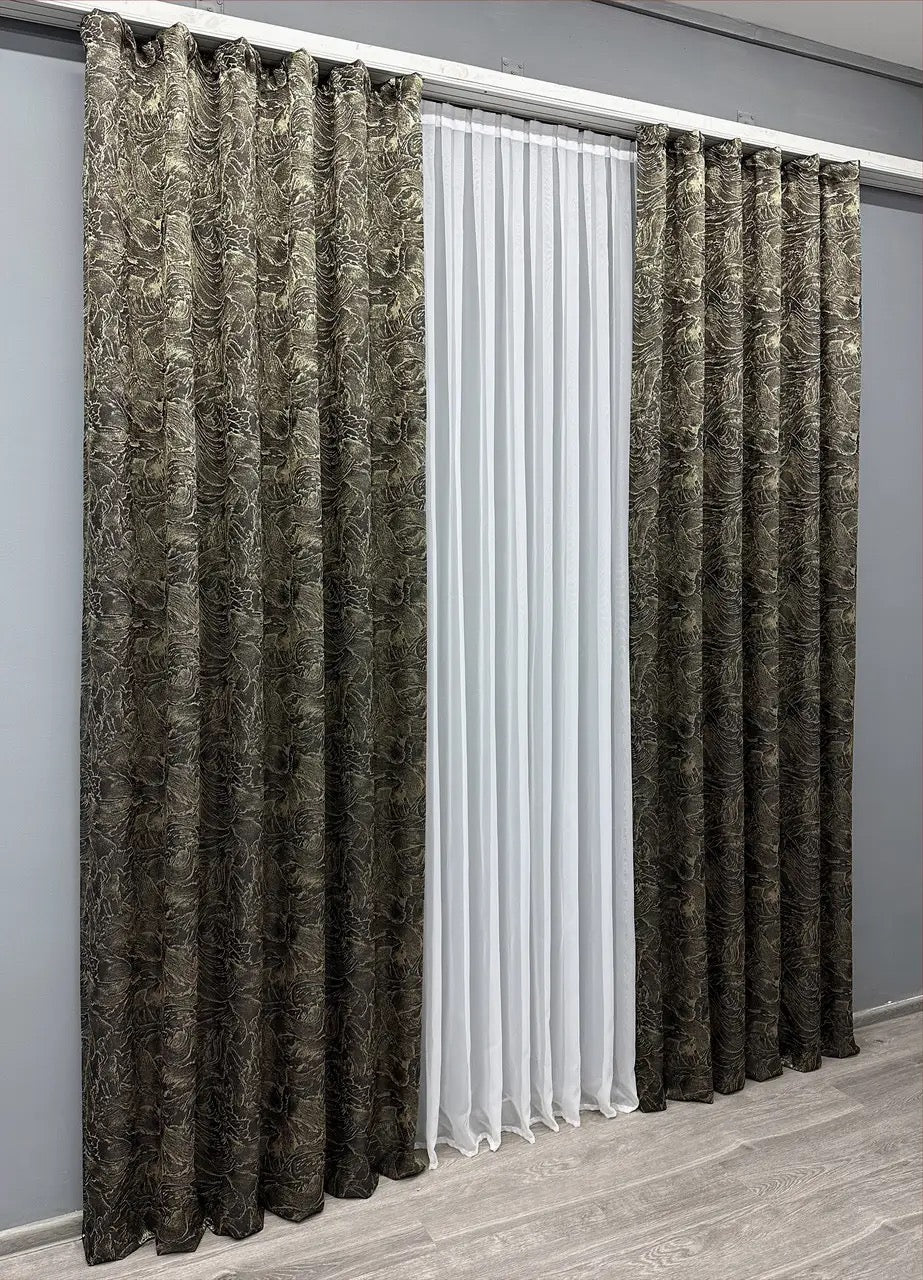 Elegant Wenge with Beige Jacquard Curtains – Fantasy Collection – Set of 2 – 65% Light Blocking