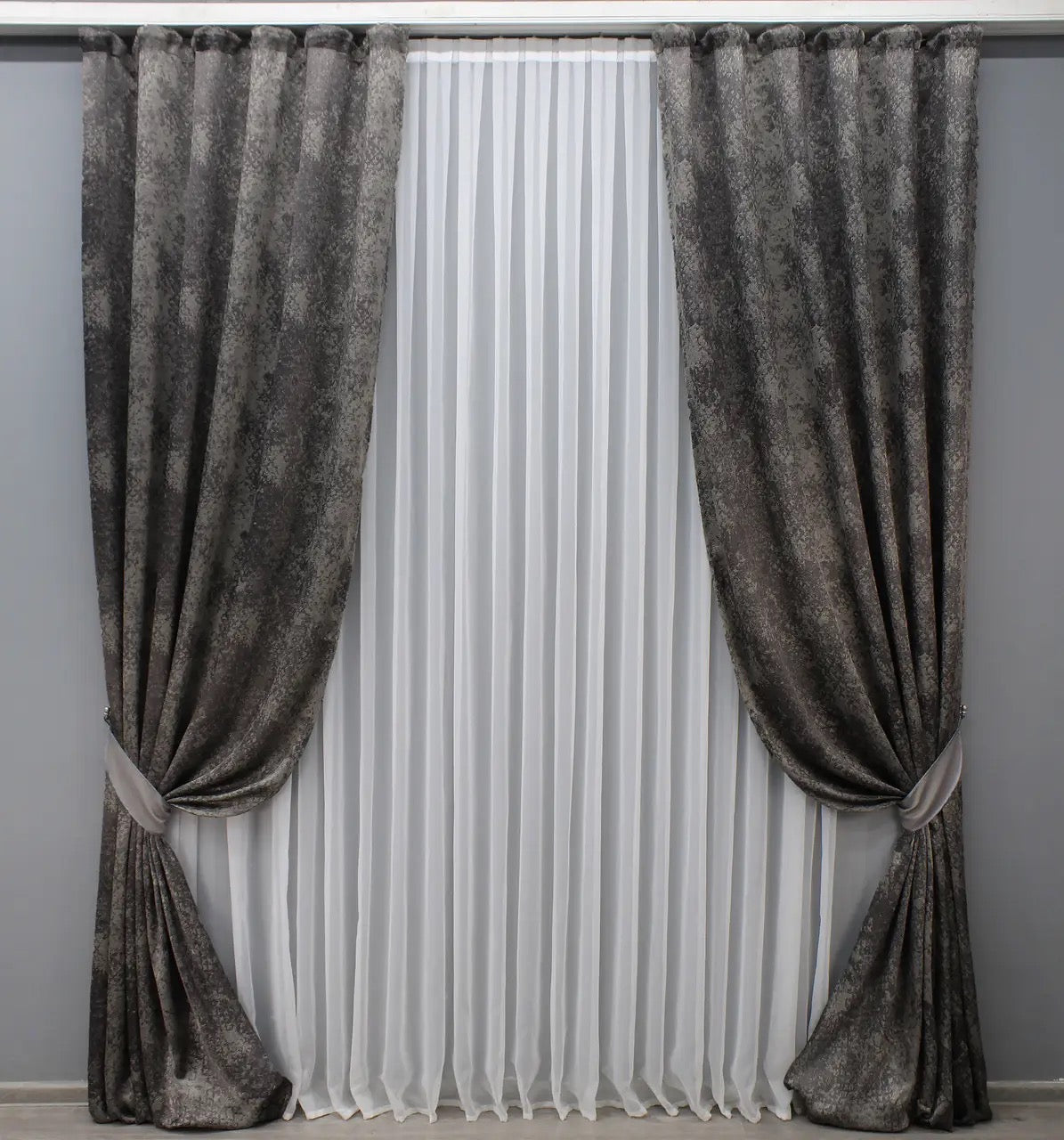 Linen Curtains with Marble Pattern – Graphite and Grey – Set of 2 Panels