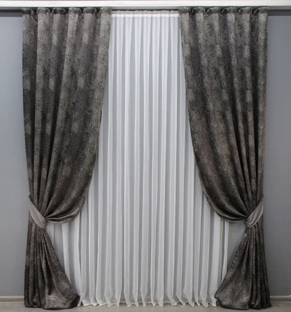 Linen Curtains with Marble Pattern – Graphite and Grey – Set of 2 Panels