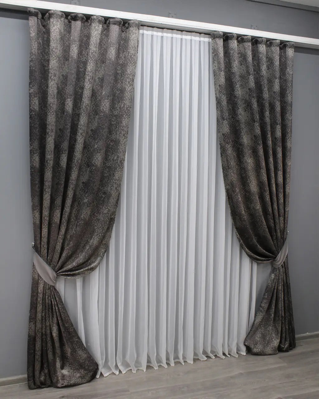 Linen Curtains with Marble Pattern – Graphite and Grey – Set of 2 Panels