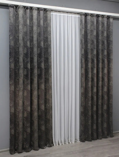 Linen Curtains with Marble Pattern – Graphite and Grey – Set of 2 Panels