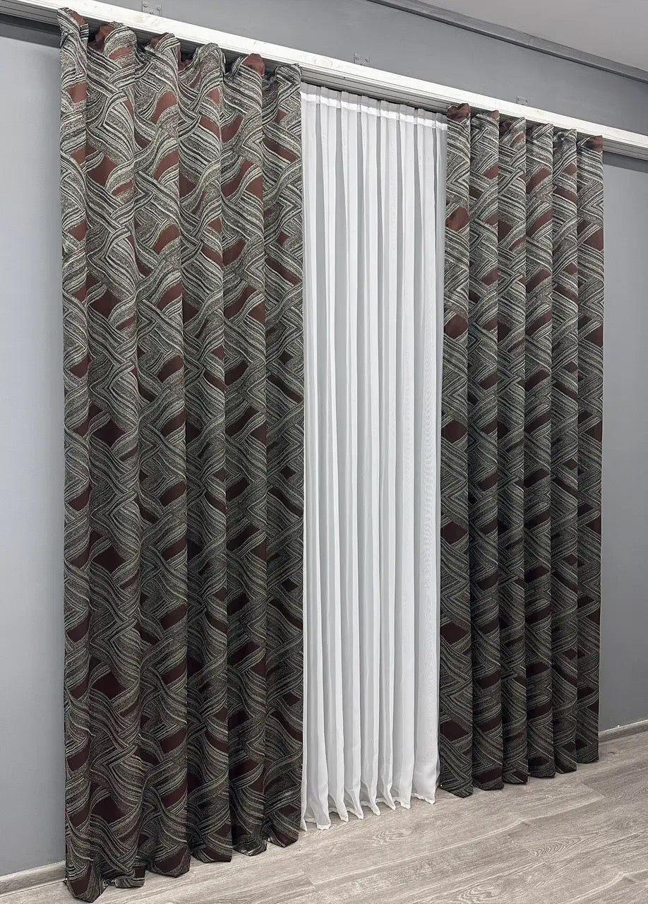 Elegant Grey with Wenge Geometric Jacquard Curtains – Mystery Collection – Set of 2 – 65% Light Blocking