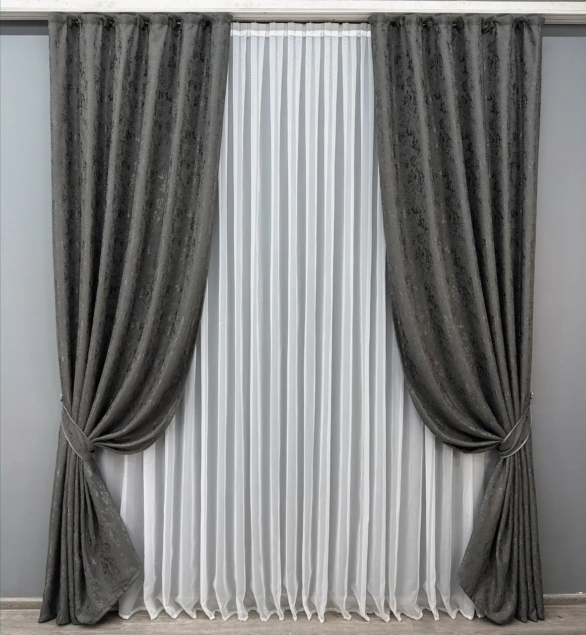 Linen Curtains with Marble Pattern – Graphite – Set of 2 Panels